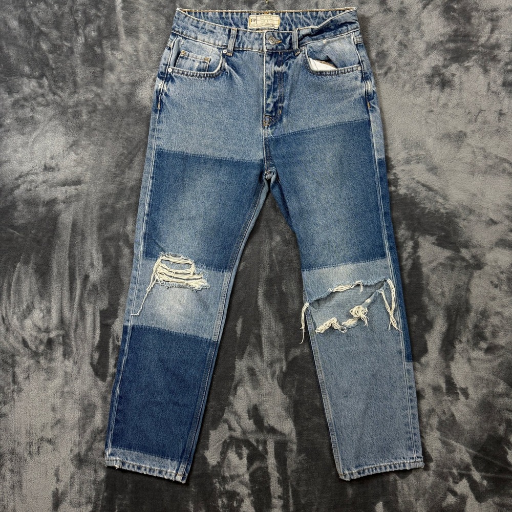 Free People Patchwork Jeans Womens 27 Blue Distressed Straight Leg Denim